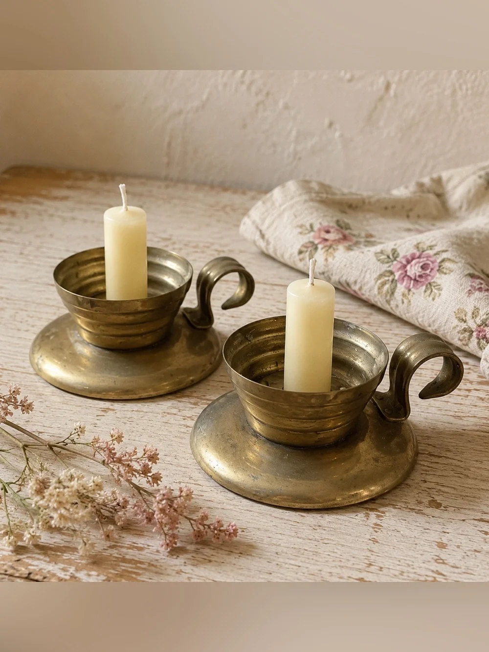Vintage Brass Chamberstick Candle Holders Pair Finger Loop Farmhouse Decor